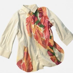 Chico's White and Colorful Feather Design Button Down Dress Shirt, Size 1, EUC